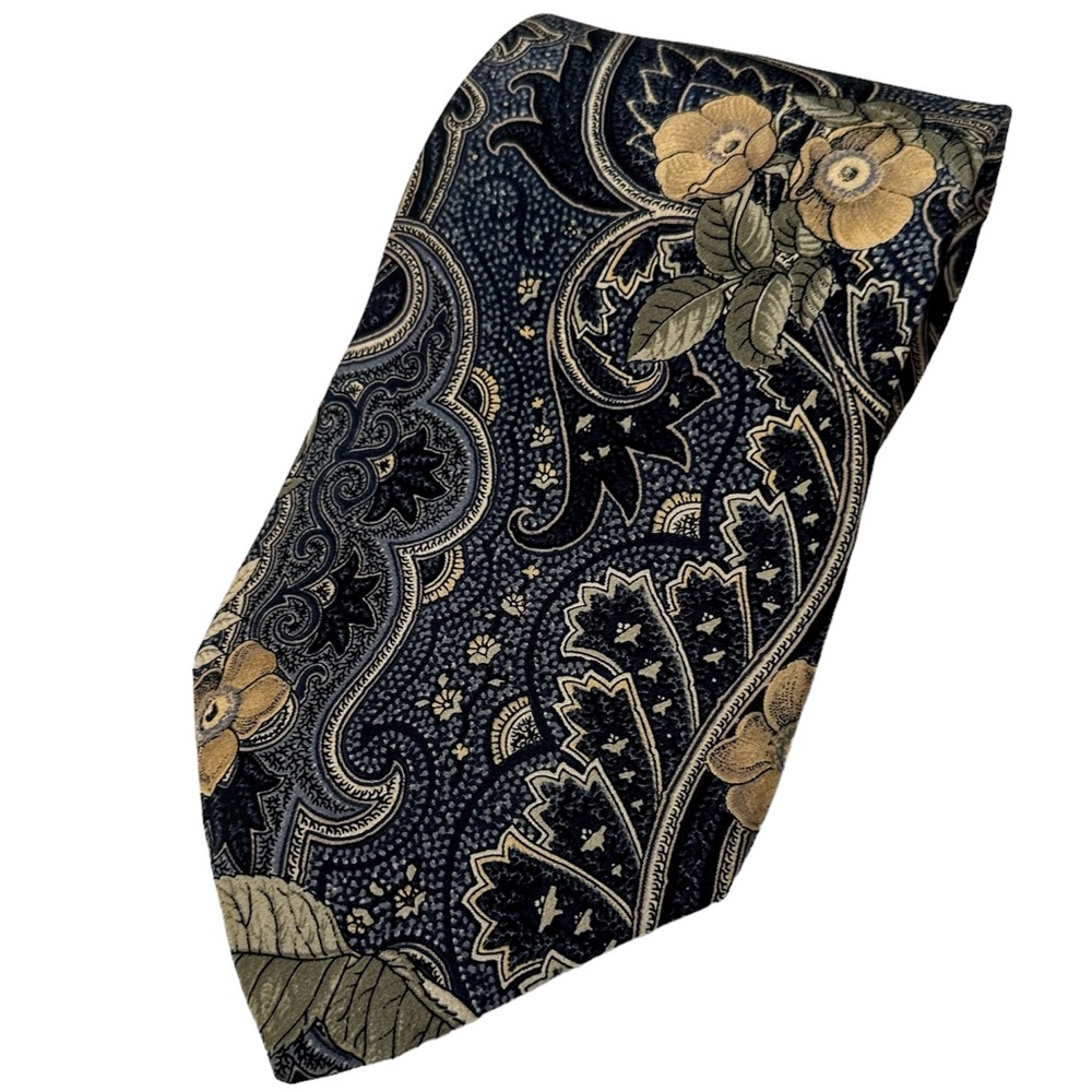 New Italian Silk Tie Navy Tan Olive Green Floral in Plastic Protective Sleeve